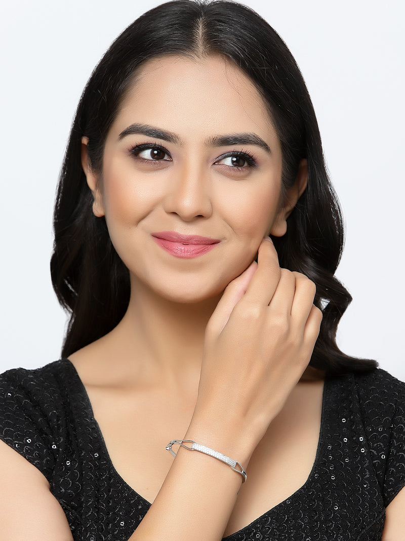 Rhodium Plated Silver Toned American Diamond Studded  Round Charm Adjustable Bracelet & Cuff Bracelet  Combo Set of 2