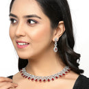 Rhodium-Plated Red & White Dribble Shape American Diamonds Studded Necklace & Earrings Jewellery Set