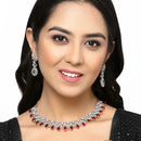 Rhodium-Plated Red & White Dribble Shape American Diamonds Studded Necklace & Earrings Jewellery Set