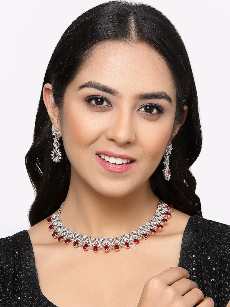 Rhodium-Plated Red & White Dribble Shape American Diamonds Studded Necklace & Earrings Jewellery Set