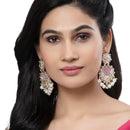 Gold-Plated Red Beads White Pearls & Kundan studded Handcrafted Crescent Shaped Drop Earrings