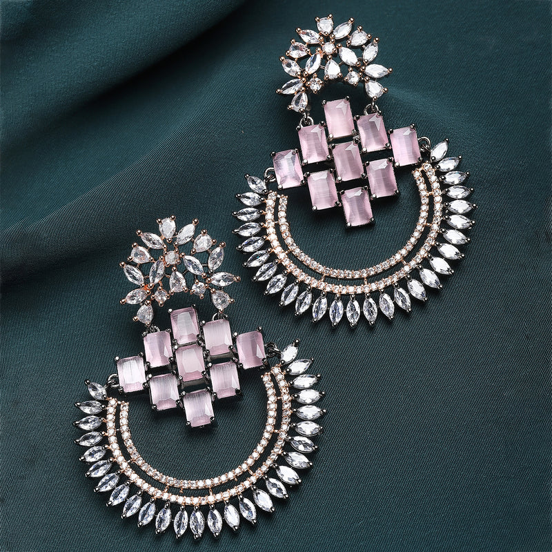 Rose Gold-Plated Gunmetal Toned American Diamond Studded Circular Chandbali Earrings