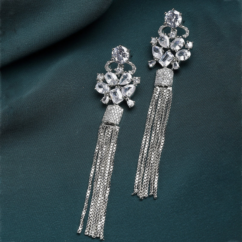 White Rhodium-Plated with Silver-Toned American Diamond Contemporary Drop Earrings