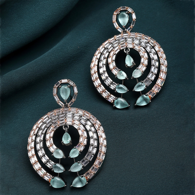 Rose Gold-Plated Gunmetal Toned Sea Green American Diamond Studded Circular Contemporary Drop Earrings
