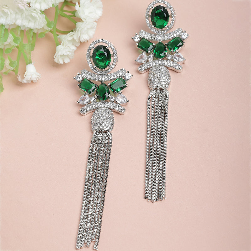 Rhodium-Plated With Silver-Toned American Diamond Studded Drop Earrings
