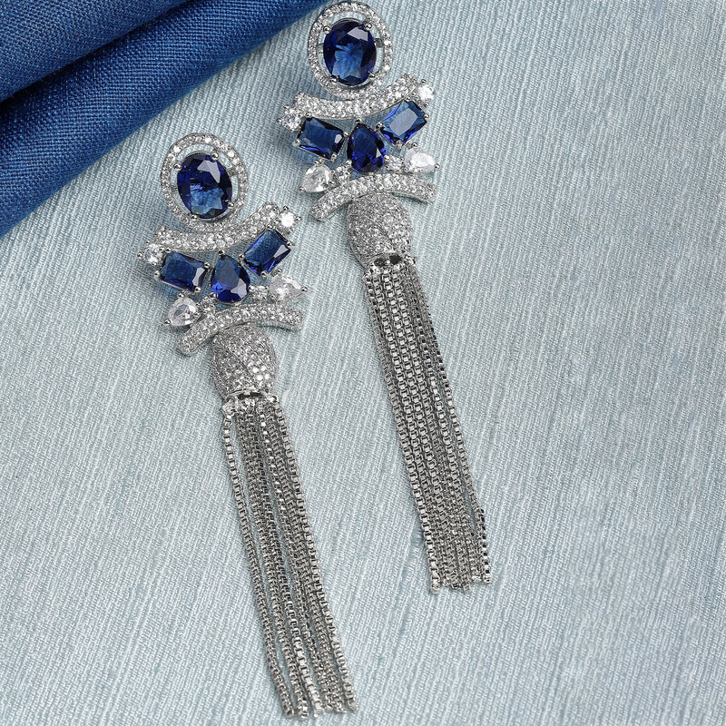 Rhodium-Plated With Silver-Toned American Diamond Studded Drop Earrings