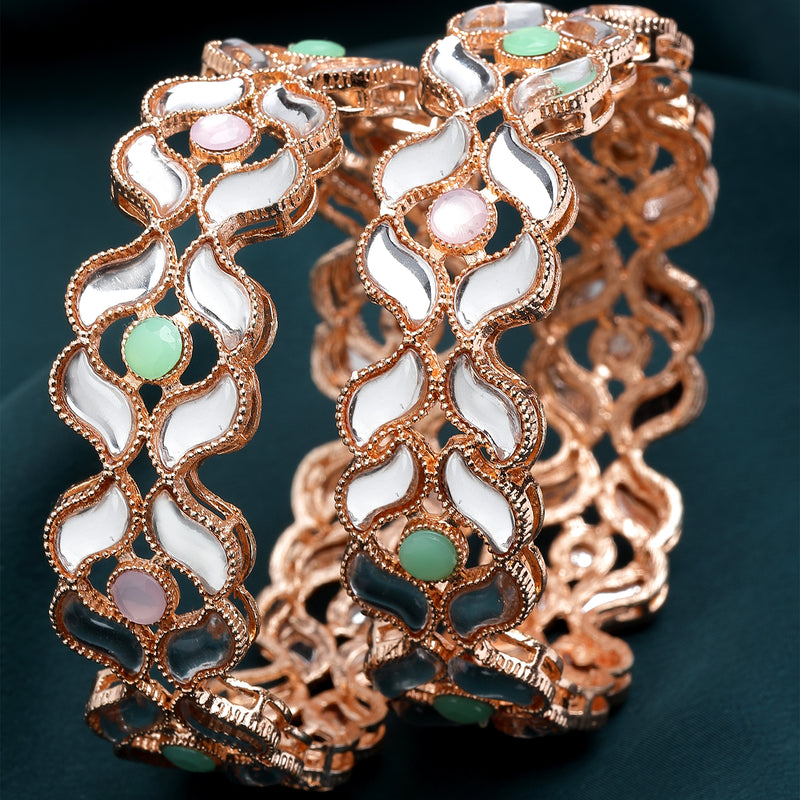 Rose Gold Plated Set Of 2  Traditional Kundan Studded Floral Design Bangle Set