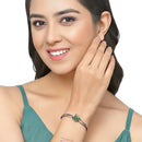 Rose Gold-Plated Black Toned Flower Shaped Emerald Green American Diamond Studded  Bracelet