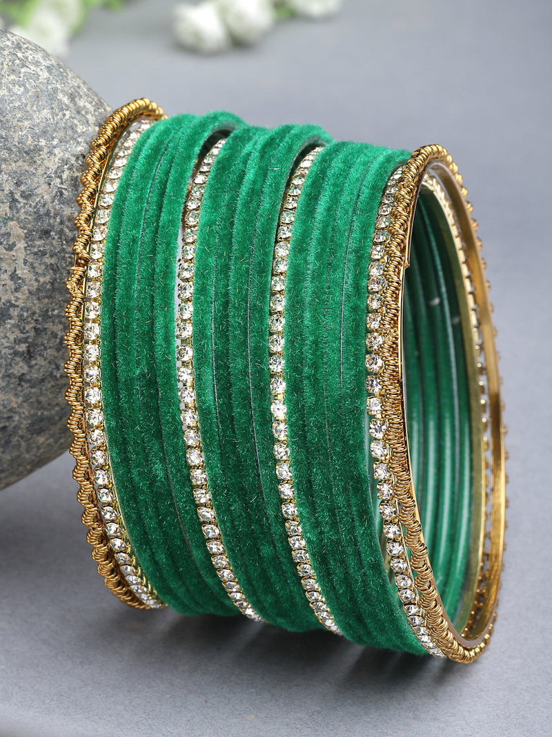 Gold-Plated Green Matte Finish Velvet White American Diamonds Studded Bangles (Set Of 36)