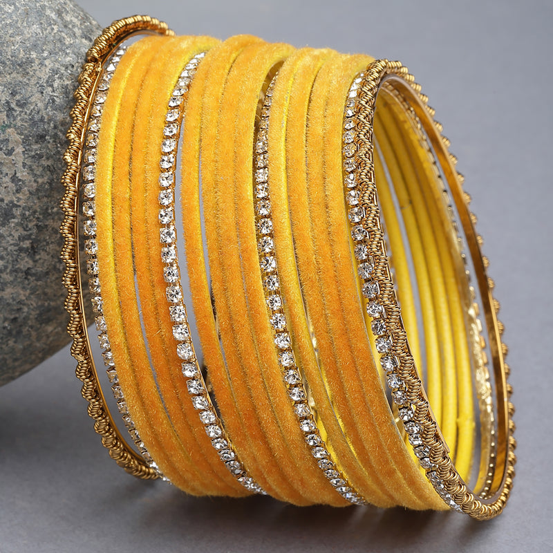 Gold-Plated Yellow Matte Finish Velvet White American Diamonds Studded Bangles Set Of 36