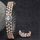 Rose Gold Plated American Diamond Studded Intricate Design Cuff Bracelet Combo With Adjustable  Ring
