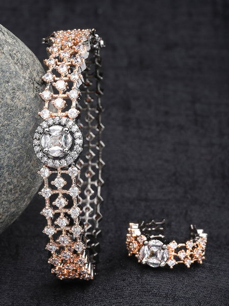 Rose Gold Plated American Diamond Studded Intricate Design Cuff Bracelet Combo With Adjustable  Ring