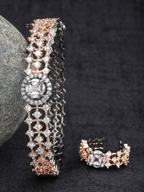 Rose Gold Plated American Diamond Studded Intricate Design Cuff Bracelet Combo With Adjustable  Ring