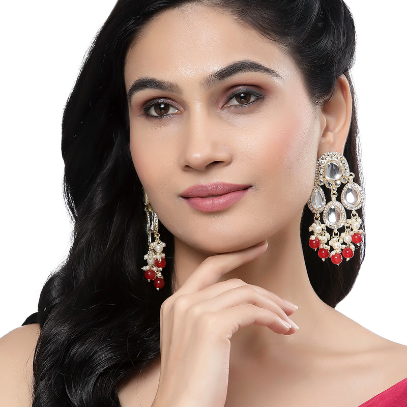 Gold-Plated Kundan & Red Pearls studded Teardrop Shaped Mirror Drop Earrings