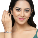 Rhodium Plated Silver Toned Floral Sea Green American Diamond Studded Kada Bracelet