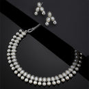 Rhodium-Plated with Oxidized Silver-Toned White Cubic Zirconia Stone Studded & White Pearl Beaded Necklace and Earrings Jewellery Set