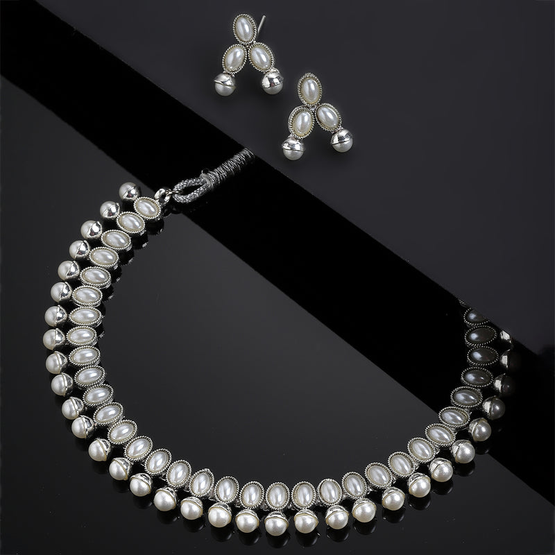 Rhodium-Plated with Oxidized Silver-Toned White Cubic Zirconia Stone Studded & White Pearl Beaded Necklace and Earrings Jewellery Set