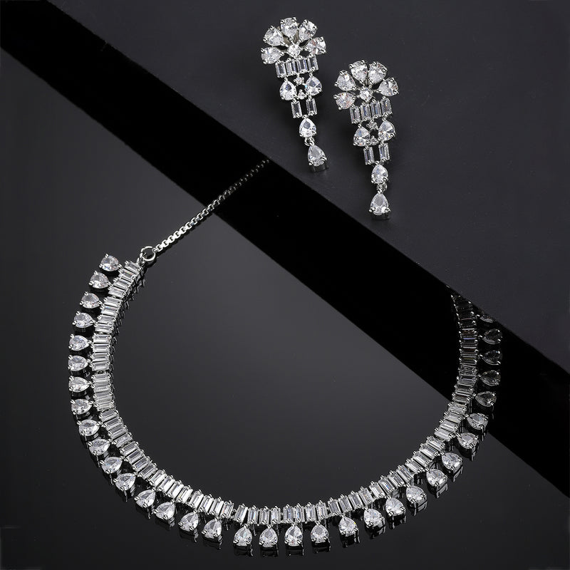 Rhodium-Plated with Silver-Toned White American Diamond Studded Jewellery Set