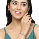 Rhodium Plated Silver Toned Floral Sea Green American Diamond Studded Kada Bracelet