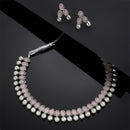 Rhodium-Plated with Oxidized Silver-Toned Pink Cubic Zirconia Stone Studded & White Pearl Beaded Necklace and Earrings Jewellery Set