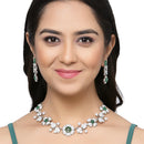 Rhodium-Plated Green Cubic Zirconia Studded Floral Theme Necklace & Earrings Jewellery Set