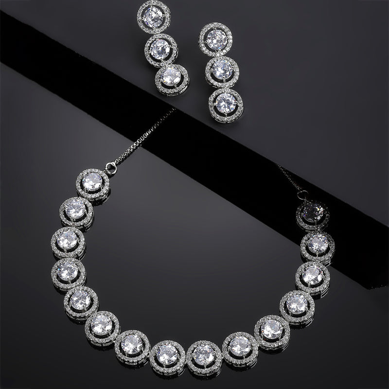 Rhodium-Plated with Silver-Toned Circular Shape White American Diamond Studded Jewellery Set