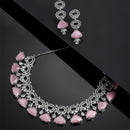 Rhodium-Plated with Silver-Toned Pink and White American Diamond Studded Choker Necklace and Drop Earrings Jewellery Set