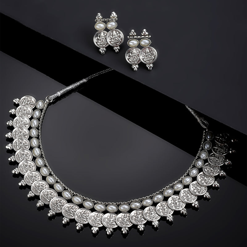 Rhodium-Plated with Oxidised Silver-Plated White Artificial Beads Studded & Temple Coin Jewellery Set
