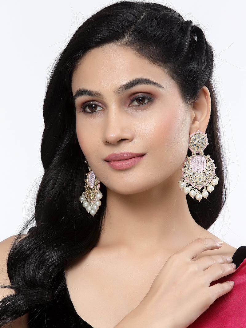 Gold-Plated Pink Beads White Pearls & Kundan studded Handcrafted Crescent Shaped Drop Earrings