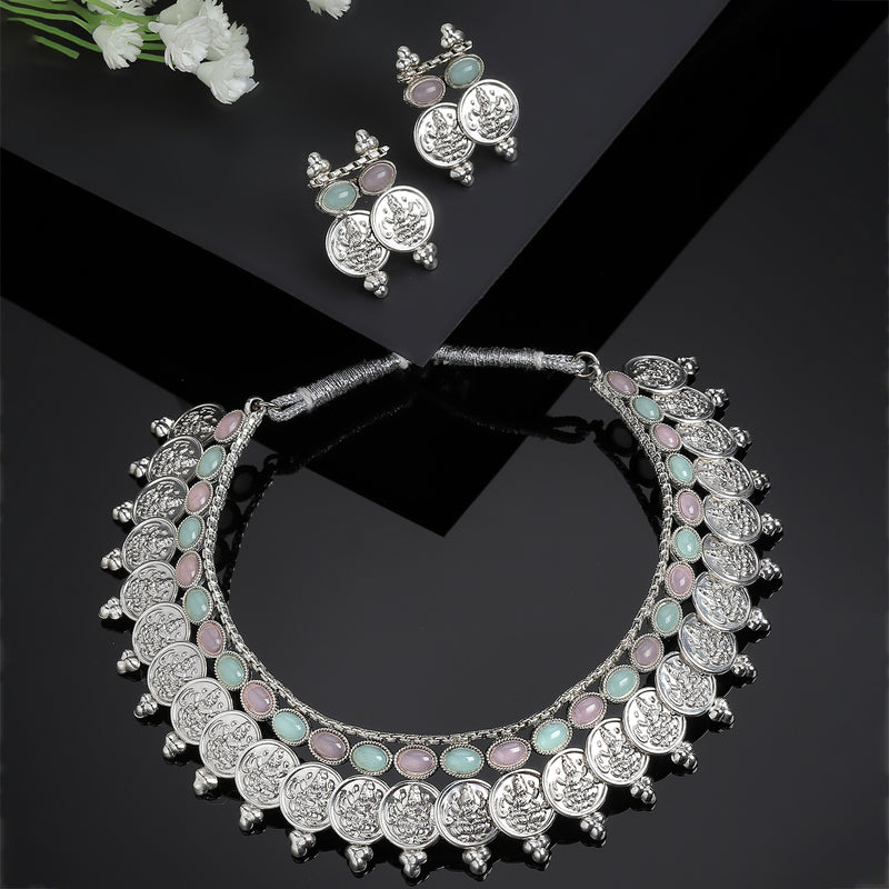 Rhodium-Plated with Oxidised Silver-Plated Pink and Sea Green Artificial Beads Studded & Temple Coin Jewellery Set