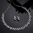 Rhodium-Plated with Silver-Toned Leaf Design White American Diamond Studded Jewellery Set