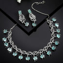 Rhodium-Plated with Silver-Toned Leaf Design Sea Green and White American Diamond Studded Jewellery Set