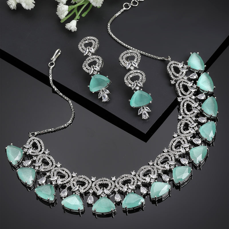 Rhodium-Plated with Silver-Toned Sea Green and White American Diamond Studded Choker Necklace and Drop Earrings Jewellery Set