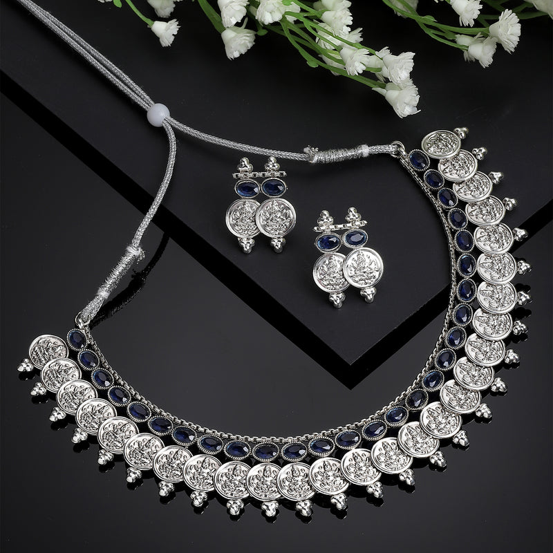 Rhodium-Plated with Oxidised Silver-Plated Navy Blue Artificial Beads Studded & Temple Coin Jewellery Set