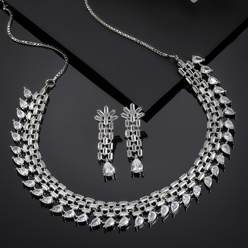 Rhodium-Plated with Silver-Toned White American Diamond Studded Necklace & Earrings Jewellery Set