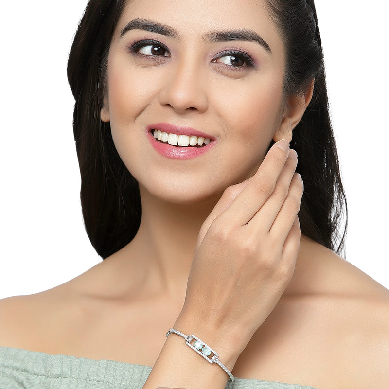 Rhodium-Plated Silver Toned Sea Green American Diamond Studded Kada Bracelet