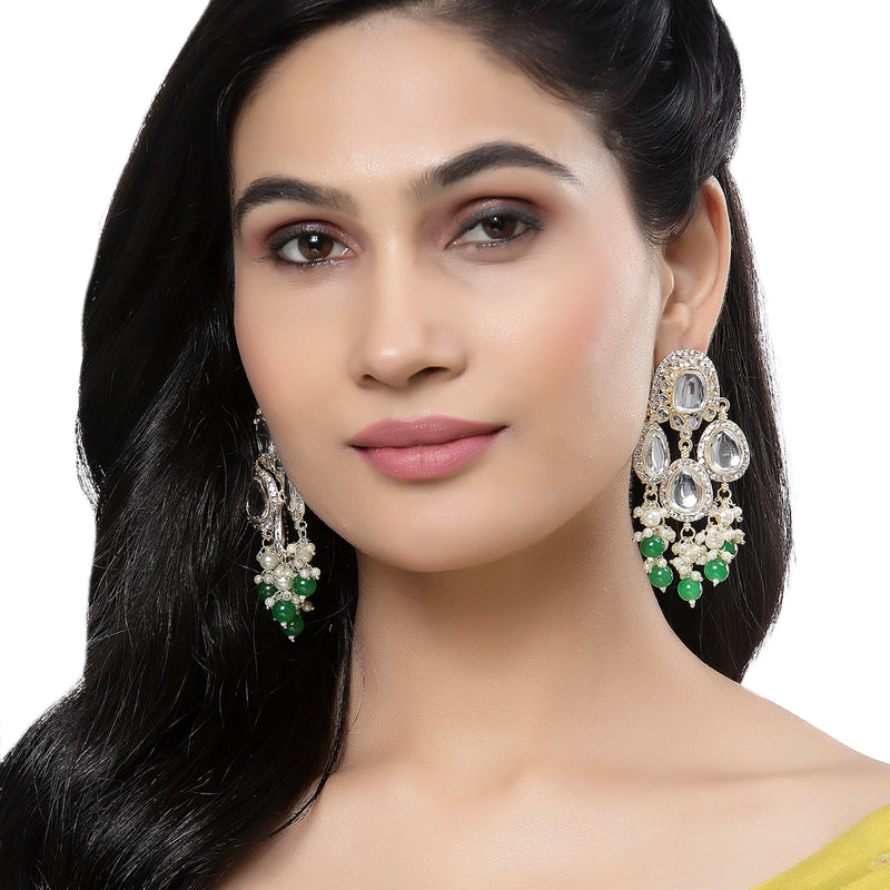 Gold-Plated Kundan & Green Pearls studded Teardrop Shaped Mirror Drop Earrings
