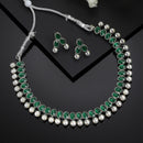 Rhodium-Plated with Oxidized Silver-Toned Green Cubic Zirconia Stone Studded & White Pearl Beaded Necklace and Earrings Jewellery Set