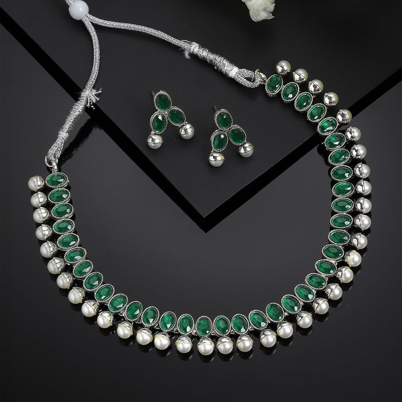 Rhodium-Plated with Oxidized Silver-Toned Green Cubic Zirconia Stone Studded & White Pearl Beaded Necklace and Earrings Jewellery Set