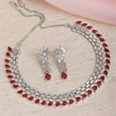 Rhodium-Plated with Silver-Toned Red and White American Diamond Studded Necklace & Earrings Jewellery Set