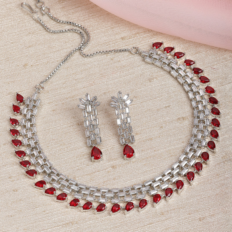 Rhodium-Plated with Silver-Toned Red and White American Diamond Studded Necklace & Earrings Jewellery Set