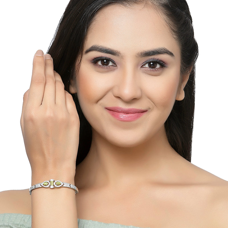 Rhodium-Plated Silver Toned Teardrop & Square Shaped Light Green American Diamond Studded Bracelet