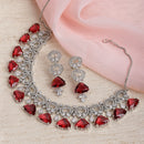 Rhodium-Plated with Silver-Toned Red and White American Diamond Studded Choker Necklace and Drop Earrings Jewellery Set