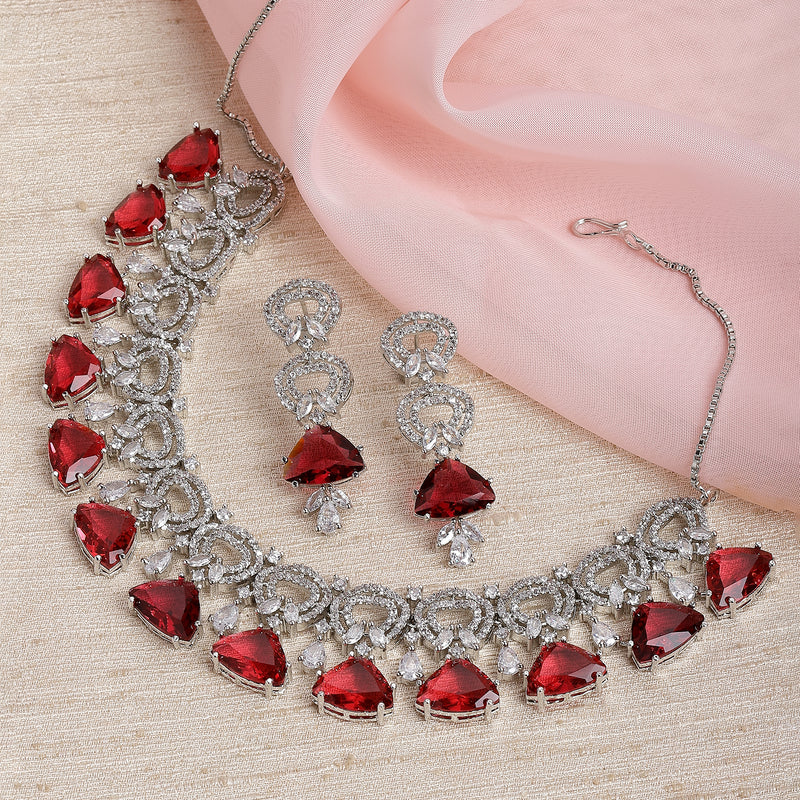 Rhodium-Plated with Silver-Toned Red and White American Diamond Studded Choker Necklace and Drop Earrings Jewellery Set