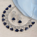 Rhodium-Plated with Silver-Toned Navy Blue and White American Diamond Studded Choker Necklace and Drop Earrings Jewellery Set