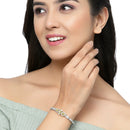 Rhodium-Plated Silver Toned Teardrop & Square Shaped Light Green American Diamond Studded Bracelet