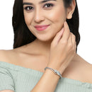 Rhodium-Plated Silver Toned Flower Sea Green American Diamond Studded Bracelet