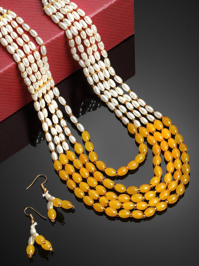 Gold-Plated Off-White & Yellow Pearl Beaded 5-Layered Jewellery Set