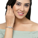 Rhodium-Plated Silver Toned Flower Sea Green American Diamond Studded Bracelet