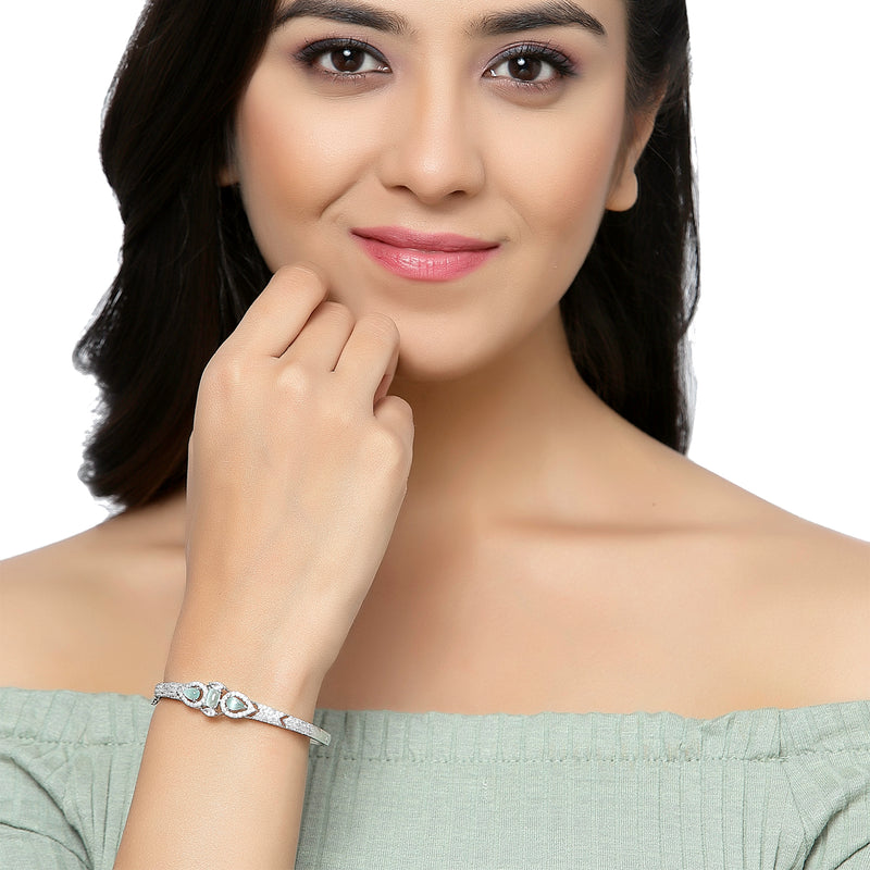 Rhodium-Plated Silver Toned Teardrop & Square Shaped Sea Green American Diamond Studded Bracelet